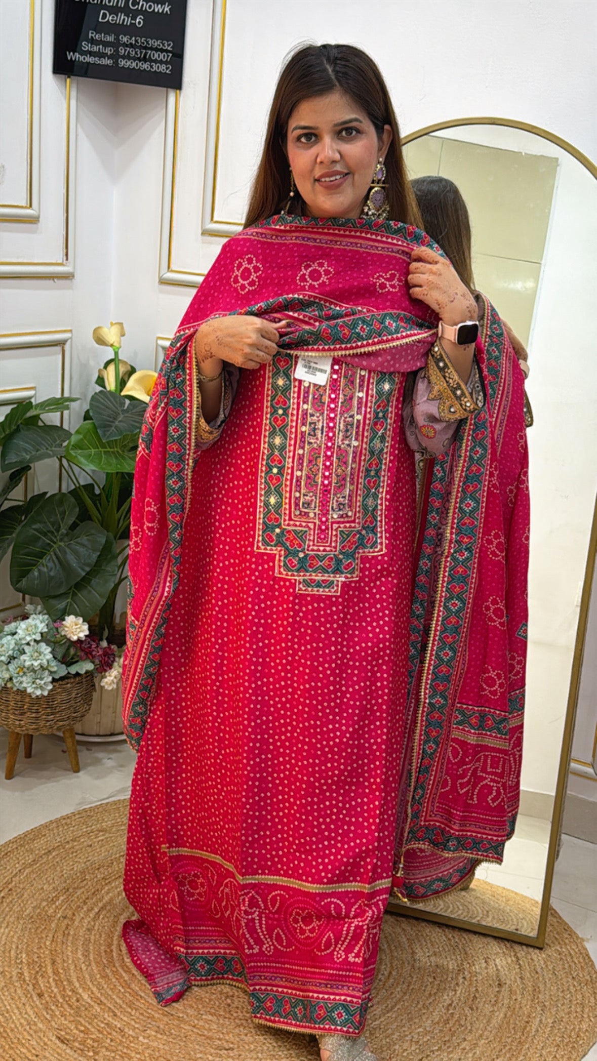 Pure Bandhani Printed Silk Suit with Premium Handwork Neck & Silk Dupatta  GF 433